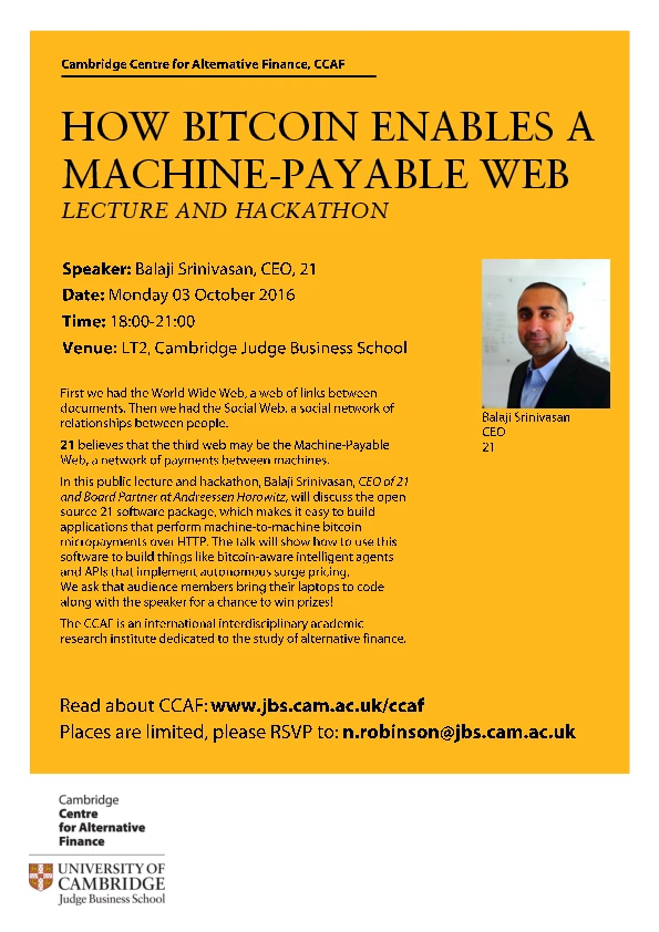 LECTURE AND HACKATHON: SPEAKER BALAJI SRINIVASAN, 21.co | HOW BITCOIN ENABLES A MACHINE-PAYABLE WEB  logo