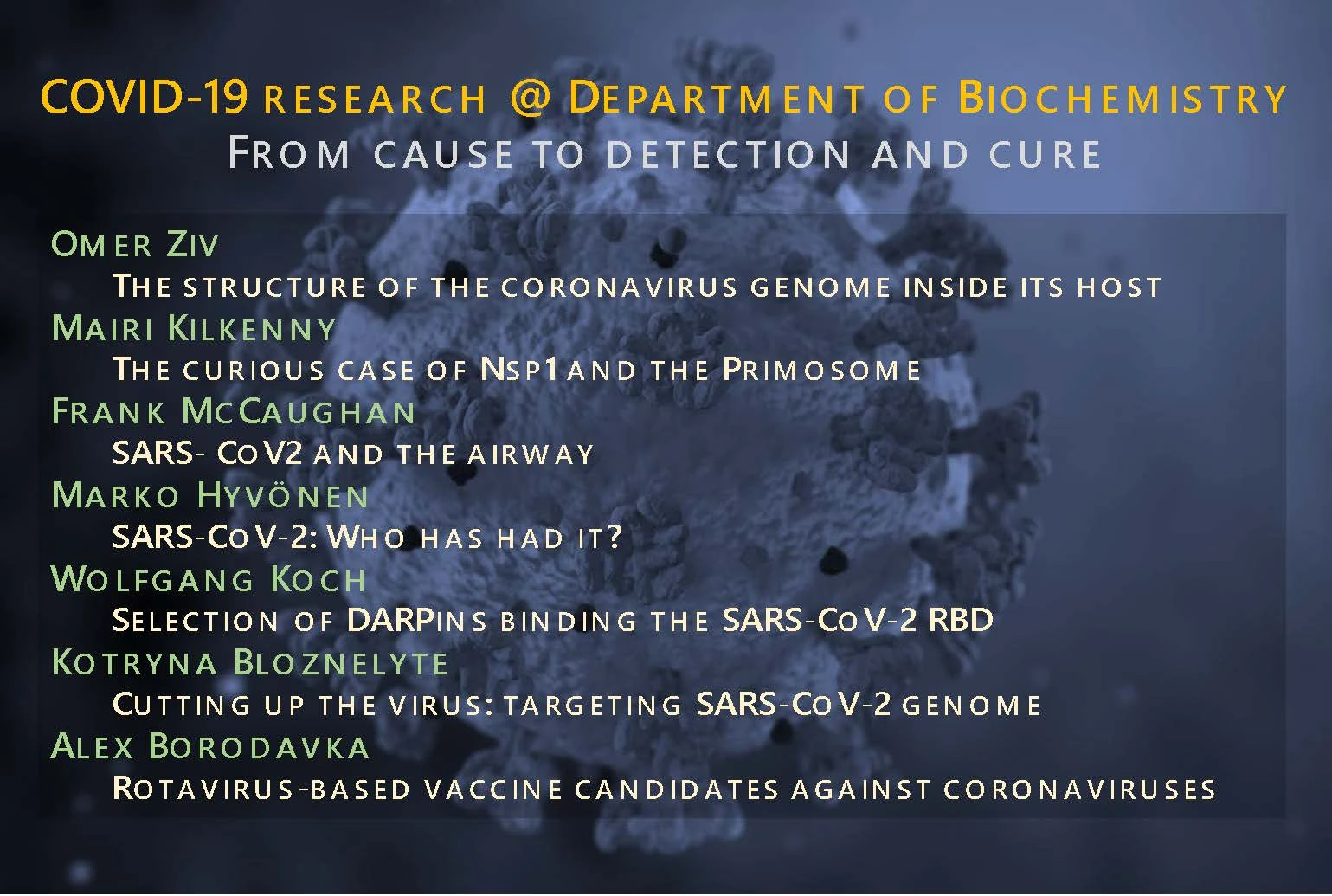 Biochemistry Friday Seminar - COVID-19 projects @ Department of Biochemistry:Research from cause to detection and cure. logo