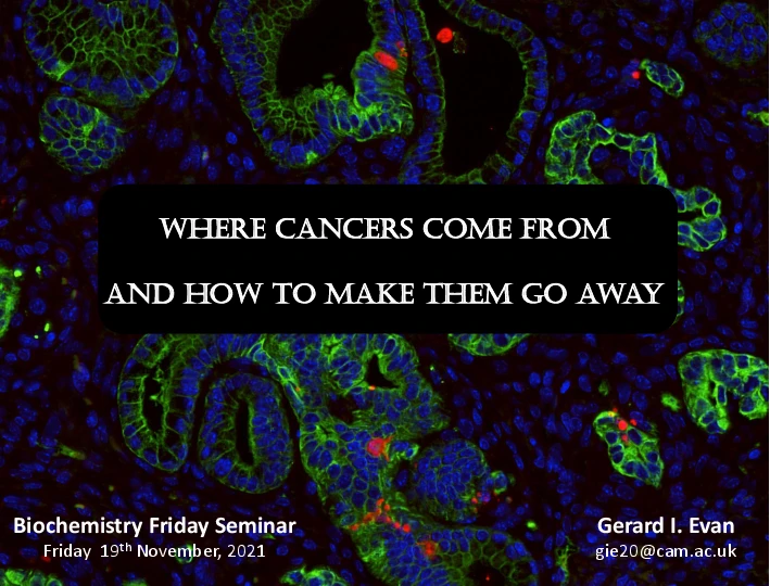 Biochemistry Friday Seminar - Evan Group "Where cancers come from and how to make them go away" logo