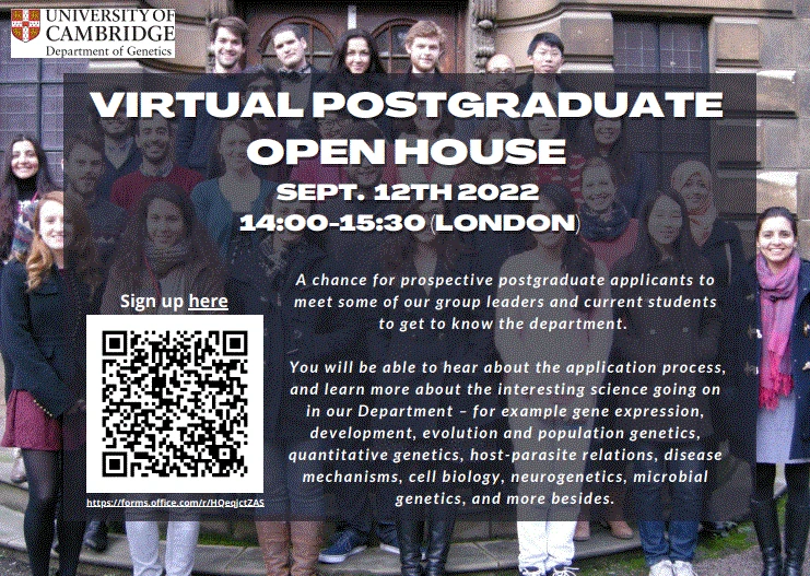University of Cambridge Dept Genetics Virtual Open House: Monday September 12th, 14:00-15:30 (London) logo