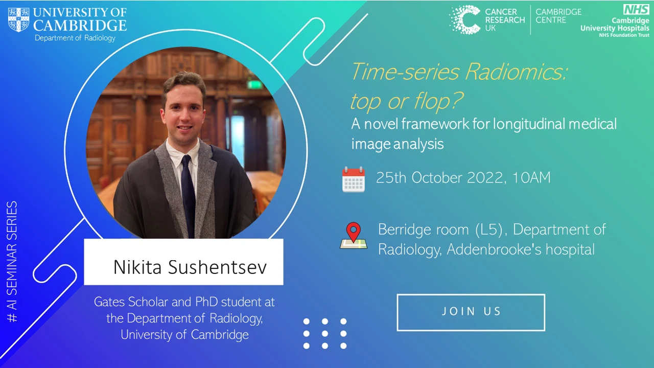 AI in Medical Imaging Research Seminar – Nikita Sushentsev – "Time-series Radiomics: top or flop? - A new framework for longitudinal medical image analysis" logo