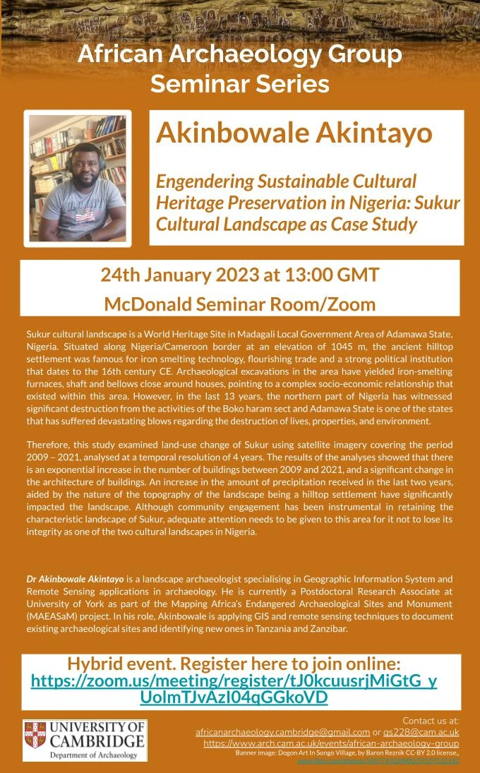 AAG Lent 2023 Seminar 1 - Engendering Sustainable Cultural Heritage Preservation in Nigeria: Surkur Cultural Landscape as Case Study logo