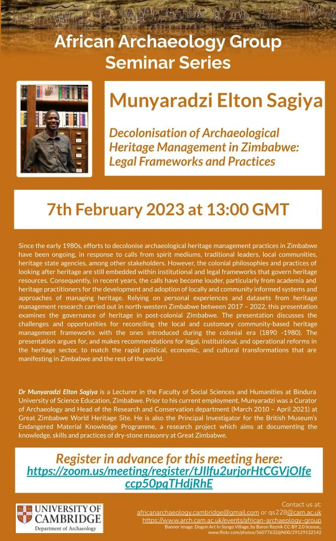 AAG Lent 2023 Seminar 2 - Decolonisation of Archaeological Heritage Management in Zimbabwe: Legal Frameworks and Practices logo