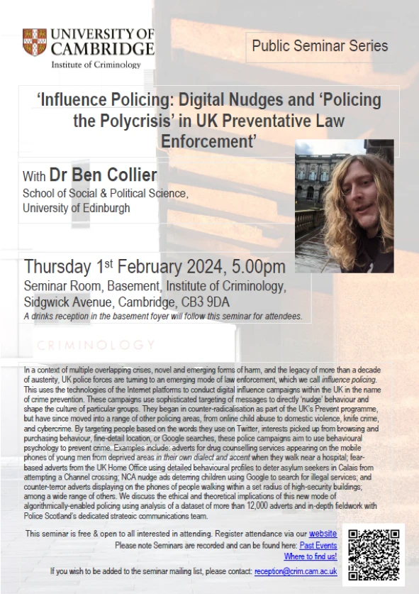Public Guest Seminar - Influence Policing: Digital Nudges and ‘Policing the Polycrisis’ in UK Preventative Law Enforcement  logo
