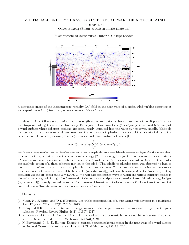 Multi-scale energy transfers in the near wake of a model wind turbine logo