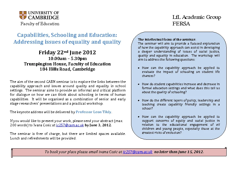 Capabilities, Schooling and Education: Addressing issues of equality and quality logo