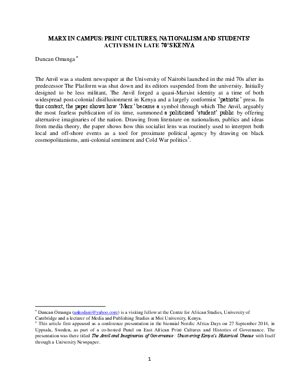 MARX IN CAMPUS: PRINT CULTURES, NATIONALISM AND STUDENTS’ ACTIVISM IN LATE 70’S KENYA logo